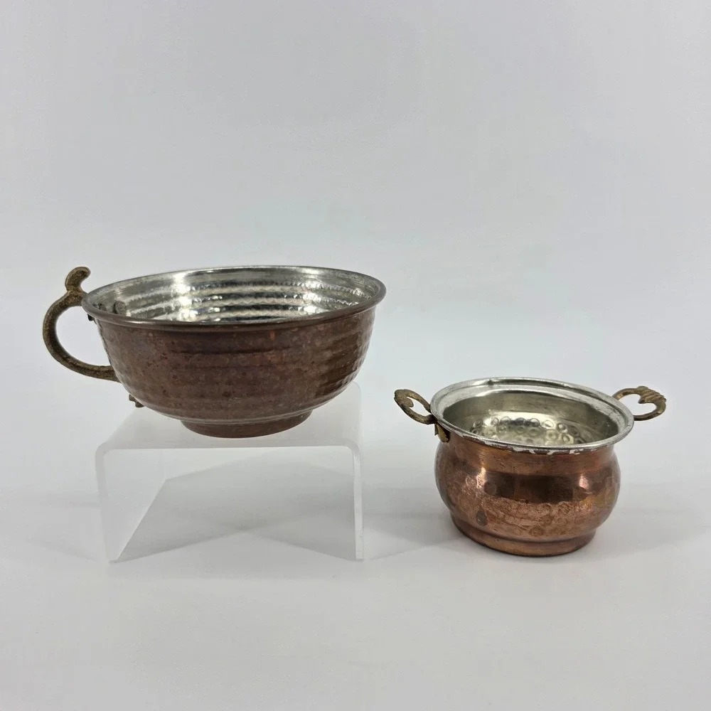Karaca Turkish Hammered Copper Bowls Set of 2 Tinned Interior Brass Handles